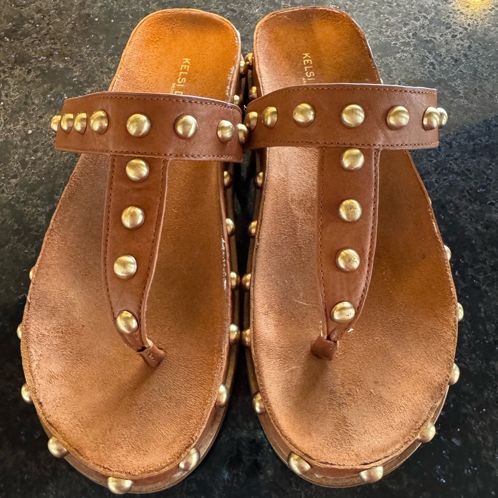 Kelsi Dagger Leather Sandals – Size 8, Gold Studded, Pre-Loved